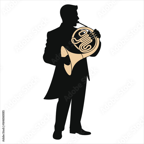 Silhouette of a man playing the French horn, classical musician performing with brass instrument, elegant concert attire, black and gold isolated image, orchestral music, live performance