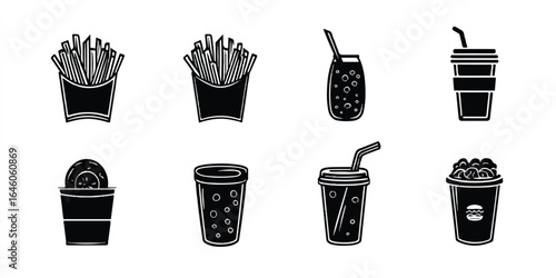 Black and White Vector Illustration of Fast Food and Drinks with Fries Soda and Burger Options Perfect for Restaurant Menus and Advertising Materials