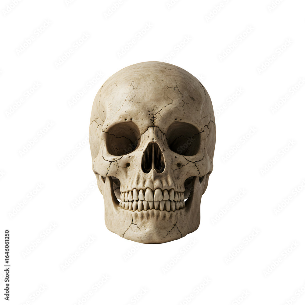 Fototapeta premium Human Skull Isolated on White Background Perfect for Anatomy Study, Halloween Decoration and Gothic Dark Stock Ideas