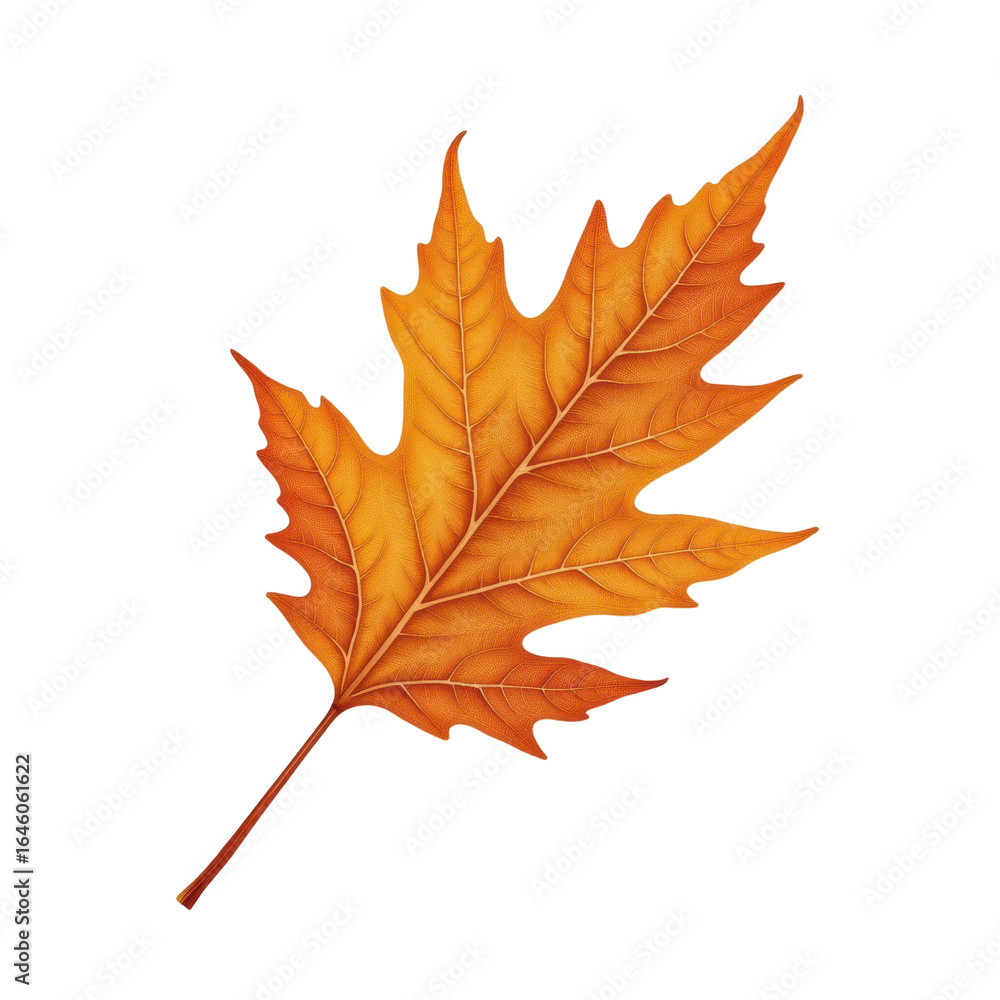 Fototapeta premium Orange autumn leaf with detailed veins and sharp edges isolated transparency background, showing natural fall colors