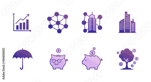 Illustration of business and finance icons including charts networks and savings concepts displayed