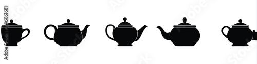 Black Tea Pot Silhouettes Isolated on White Background Representing Different Tea Pot Designs and Styles for Tea Time and Beverage Preparation Concepts