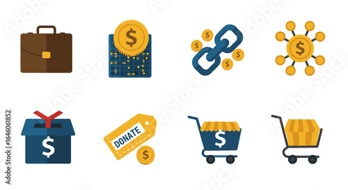 Illustration showing a briefcase, coins, links, donation box, tag, and shopping carts icons set up