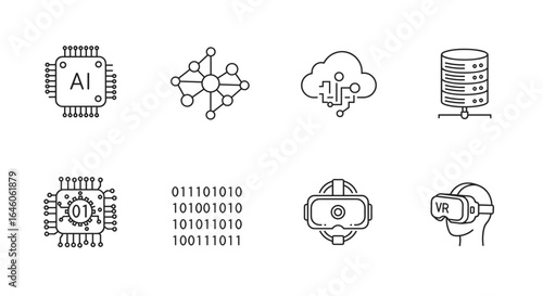 Illustration of artificial intelligence, network, cloud computing, and virtual reality technology icons