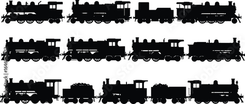Flat vector illustration of vintage steam train silhouettes, classic locomotives, railway engines, historic trains, transportation icons, black silhouette collection