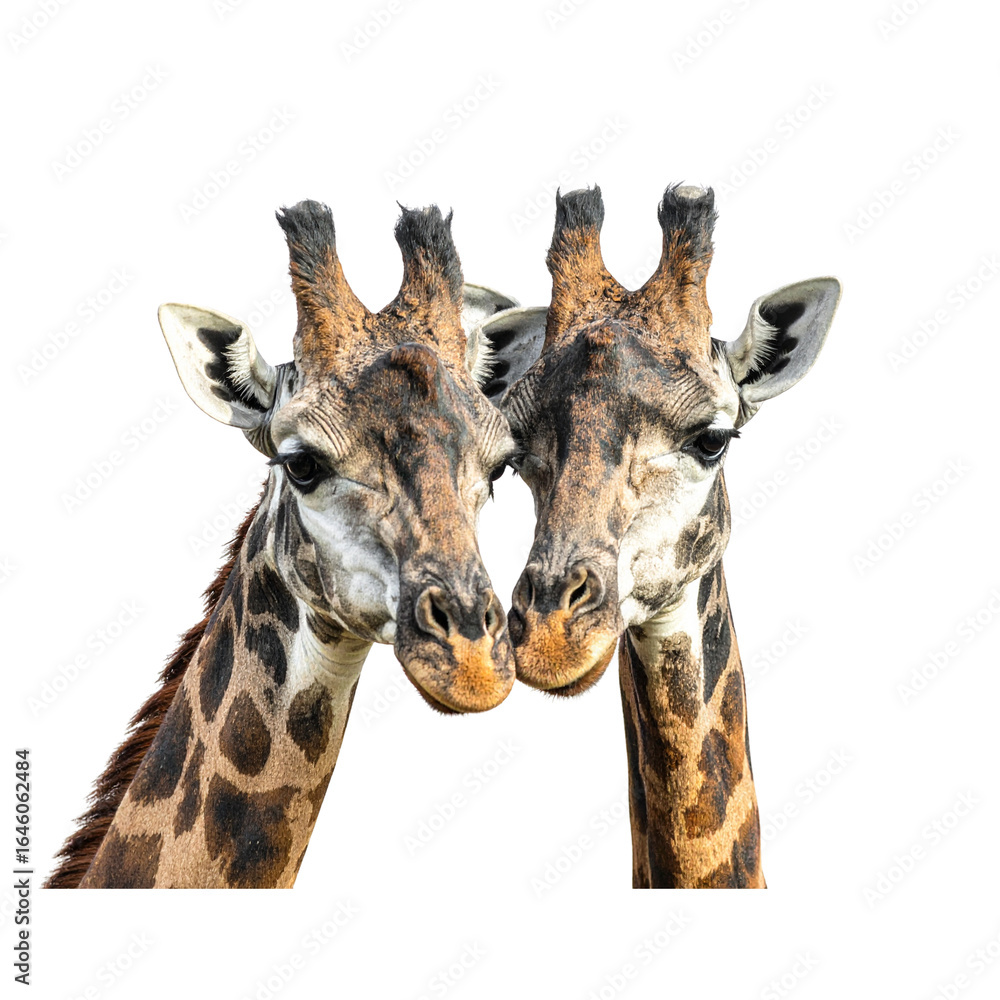 Obraz premium two giraffe couple portrait on isolated background