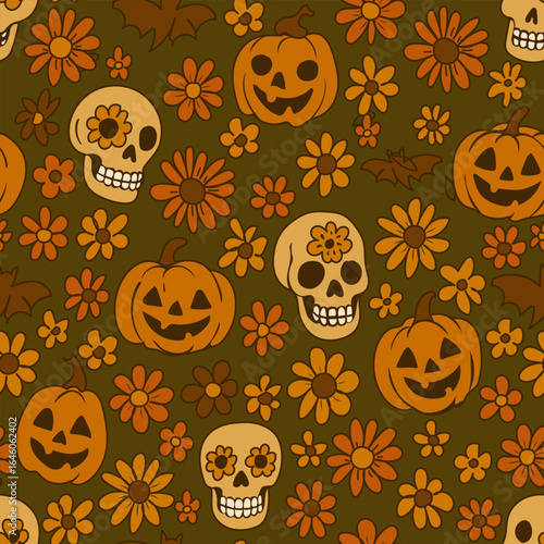 Vector seamless Halloween pattern with jack-o’-lantern pumpkins, sugar skulls, autumn flowers, and bats. Retro-inspired warm orange and brown color palette. 