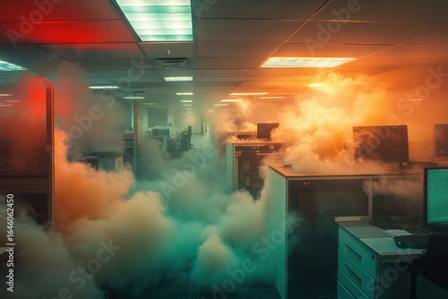 A corporate office engulfed in thick smoke is pierced only by a red fire alarm light and a green EXIT sign, powerfully conveying urgency and the importance of emergency preparedness.