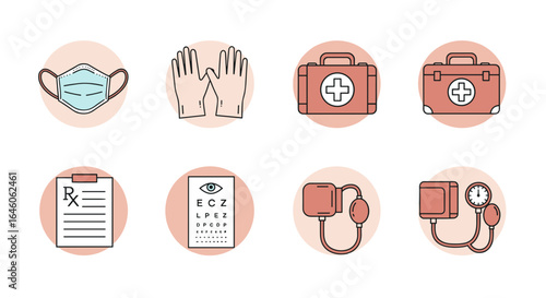 Medical equipment icons including a mask gloves first aid kits prescription and blood pressure monitors