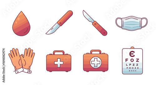 Illustration of medical equipment including blood drop scalpel mask gloves and first aid kits on white