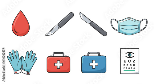 Illustration of medical supplies including blood drop scalpel mask gloves and first aid kits chart 100c