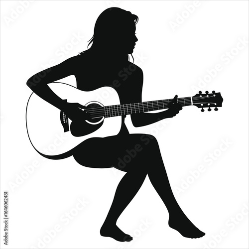 Silhouette of a female guitarist performing on stage with an acoustic guitar; bold black and white vector art captures a passionate music moment, live performance, stage presence, stock illustration!!