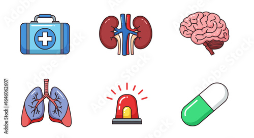 Medical icons showing a first aid kit kidneys brain lungs siren and a capsule in a cartoon style design