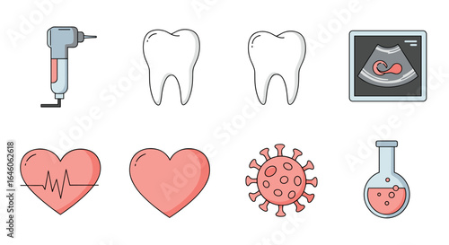 Medical icons set featuring dental drill teeth ultrasound heart virus and laboratory flask in cartoon style