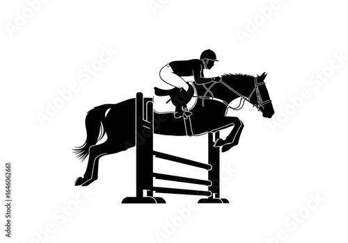 Equestrian Silhouette Horse and Rider Leaping Over Hurdle in Black