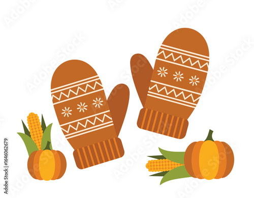 Cozy winter mittens and autumn harvest elements vector clipart, isolated on white background.