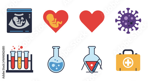 Medical icons showing ultrasound, heart with fetus, heart, virus, test tubes, flasks, and first aid kit