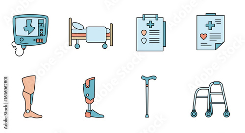 Illustration showing medical equipment including a monitor bed clipboards prosthetics cane and walker