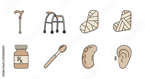 Illustration showing medical aids like a cane, walker, casts, medicine, spoon, and hearing aids