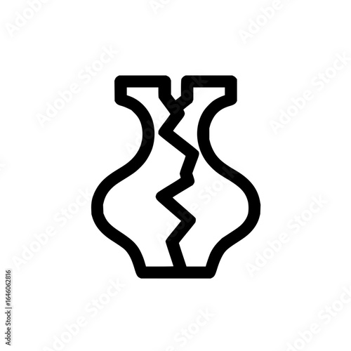 A stylized black outline of a broken vase with a jagged crack running down the center on a white background