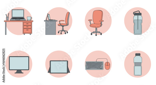 Illustration of office furniture and accessories including desk chair and water bottle items set on pink ovals