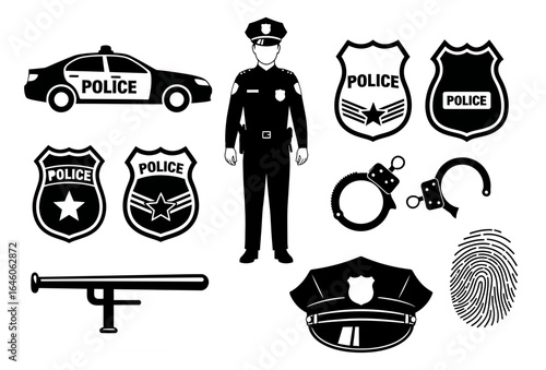 Silhouetted Police Officer and Law Enforcement Icons in Black and White