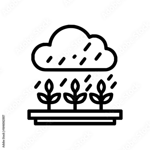 A cloud raining on three plants in a raised garden bed depicted in a minimalist outline style graphic