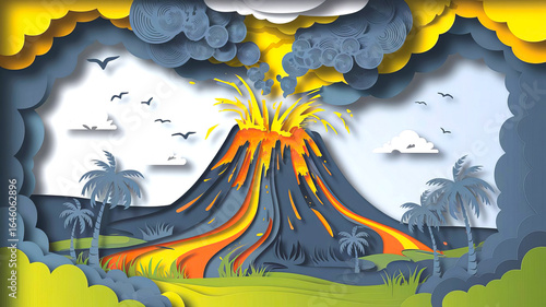A paper-cut illustration depicts a volcano erupting with vibrant lava and smoke, surrounded by palm trees and a green landscape.