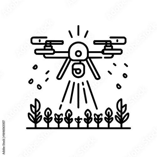 Illustration of a drone spraying a field of crops with a liquid, showing automated agriculture process