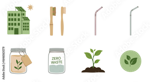 Illustration showcasing sustainable living with solar panels, bamboo and reusable items displayed neatly