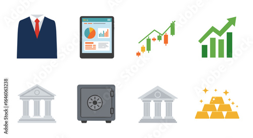 Illustration showing business suit, mobile chart, stock market, bank, safe and gold bars on white background