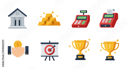 Illustration of bank building gold bars pos terminal target board and golden trophy cups on white background