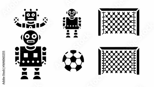 Illustration showing three robots a soccer ball and two soccer nets in a black and white composition silhouette
