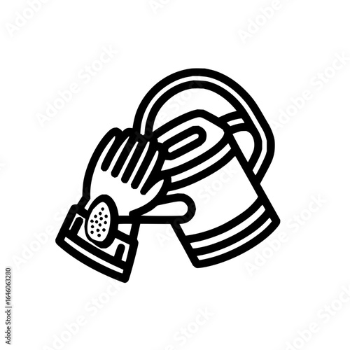 Illustration of a gloved hand holding a watering can with a thick outline on a white background