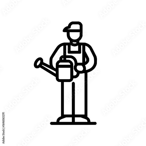 A gardener in overalls and a cap holding a watering can in a minimalist line art style illustration