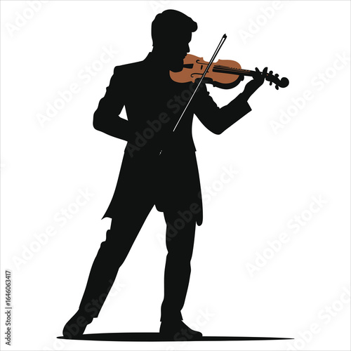  Silhouette of a violinist performing on stage; bold black-and-white vector art capturing a passionate bowing moment, live concert vibe, music performance