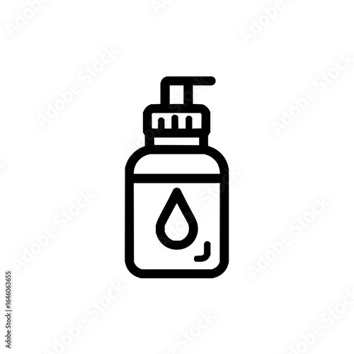 Illustration of a hand sanitizer bottle with a pump dispenser and a drop symbol on the container face