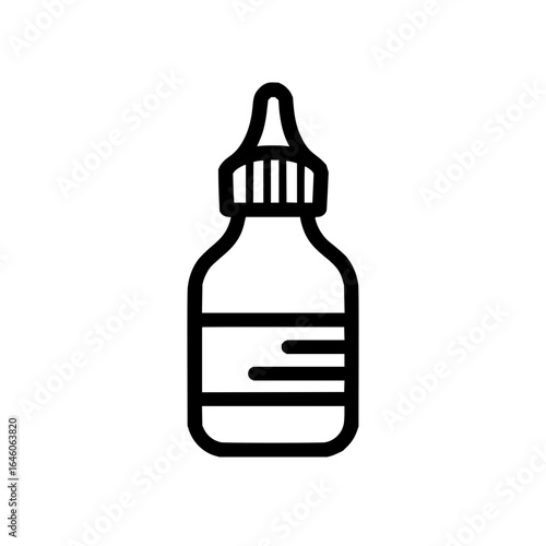 Outline drawing of a bottle with a dropper top and a label with horizontal lines on a white background