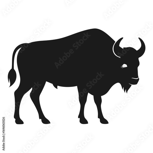 Black silhouette of a bison standing on a white background