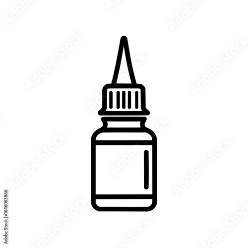 Outline drawing of a bottle with a pointed nozzle and a ribbed cap in black and white vector illustration