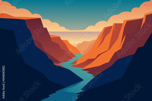 Stylized geometric canyon landscape with river at sunset