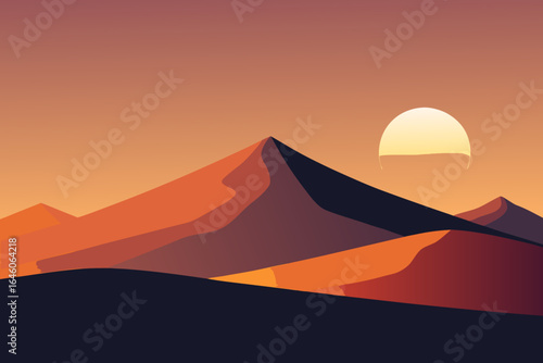 Stylized desert landscape with rolling sand dunes at sunset with a large sun