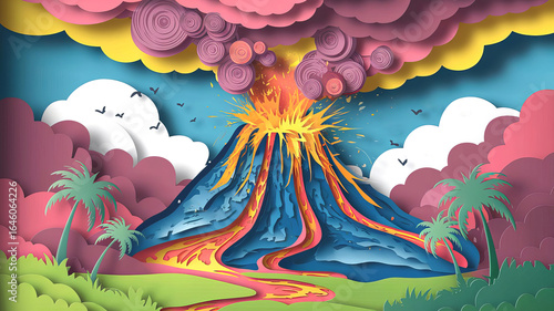 A vibrant and colorful papercraft illustration of an erupting volcano with flowing lava and surrounding palm trees and clouds