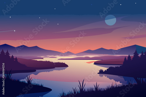 Serene mountain lake landscape at twilight with a pastel sky and moon