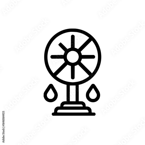 A stylized illustration of a humidifier with water droplets and a circular fan design in black outline