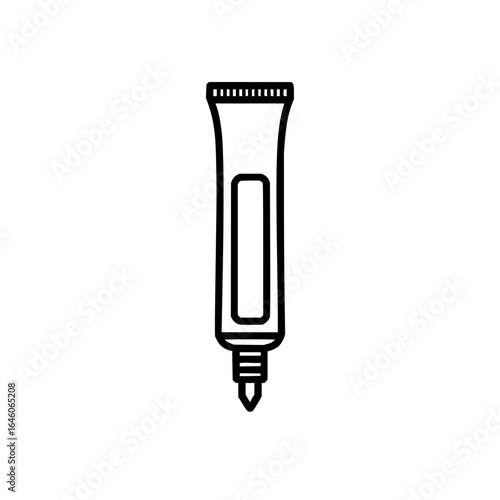 Illustration of a tube with a small applicator tip and a rectangular label area in black outline style