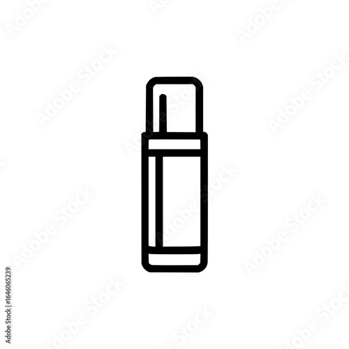 Illustration of a black outlined lip balm stick with cap in a vertical orientation on a white background