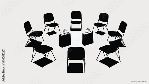 Circle of chairs with shopping bags in a minimalist black and white design symbolizing group therapy or retail opportunities with a focus on consumerism and modern aesthetics