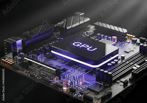 High-tech GPU on motherboard for powerful computing and gaming performance with vibrant neon glow