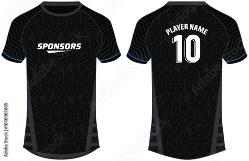 Sports jersey t shirt design flat sketch vector illustration, Geometric  pattern Raglan Round neck football jersey concept with front and back view for Cricket, soccer, Volleyball, Rugby jersey kit
